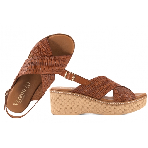 VERANO 45529 SANDAŁY DAMSKIE HISZPAŃSKIE NA KOTURNIE SKÓRZANE rude