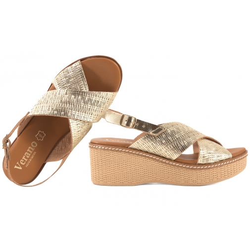 VERANO 45529 SANDAŁY DAMSKIE HISZPAŃSKIE NA KOTURNIE SKÓRZANE złote