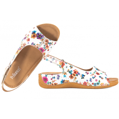 POLLONUS 0920 SANDAŁY DAMSKIE KOMFORT KOTURN PU biały kwiaty
