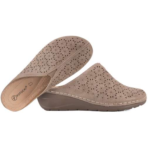 POTOCKI 25-24301KH AŻUROWE KLAPKI DAMSKIE NA KOTURNIE khaki