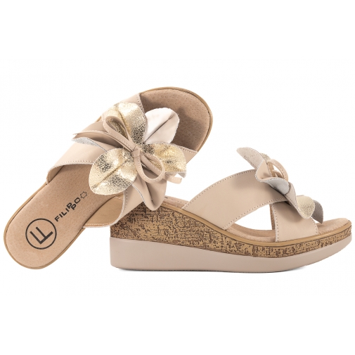 FILIPPO DK7039 KLAPKI DAMSKIE NA KOTURNIE SKÓRZANE beżowe