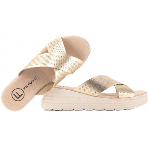 FILIPPO DK6707 KLAPKI DAMSKIE KOTURN NA PLATFORMIE SKÓRZANE złote