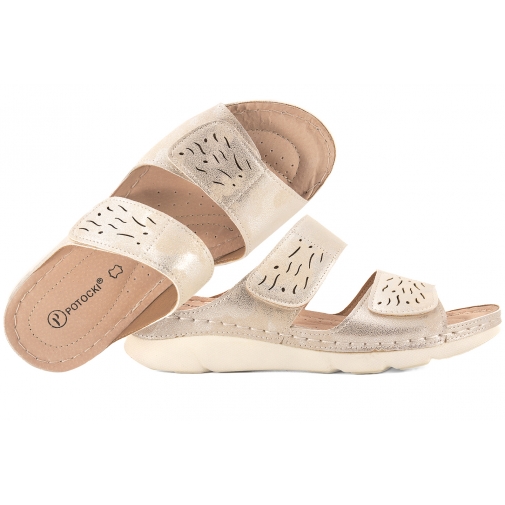 POTOCKI 25-90321 KLAPKI DAMSKIE NA KOTURNIE RZEPY PU pozłacany beż