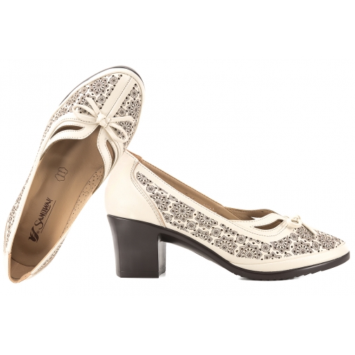 SANDWAY F38 8830-2 AŻUROWE CZÓŁENKA PÓŁBUTY DAMSKIE NA OBCASIE EKO beżowe