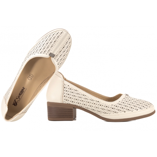 SANDWAY F20100-2 AŻUROWE CZÓŁENKA PÓŁBUTY DAMSKIE NA OBCASIE EKO beżowe