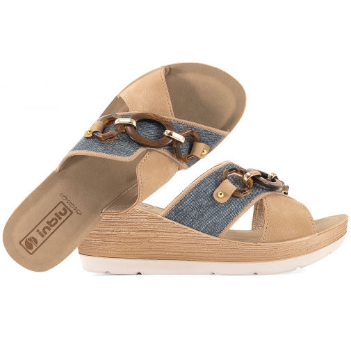 INBLU EL-31 KLAPKI DAMSKIE NA KOTURNIE SOFT PU jeans/beż