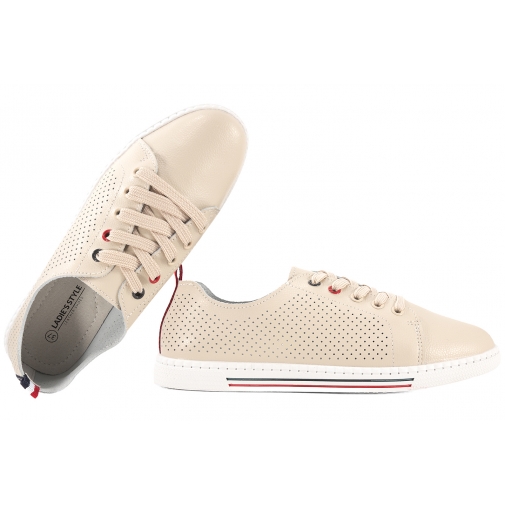 LADIE'S STYLE 24089 AŻUROWE SKÓRZANE PÓŁBUTY DAMSKIE TENISÓWKI TRAMPKI beżowe