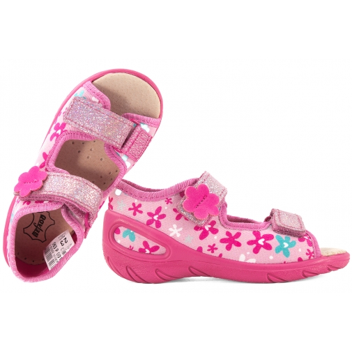 BEFADO 063P001 SANDAŁKI DZIEWCZĘCE DOMOWE TEKSTYLNE KAPCIE PAPCIE WKŁ. SKÓRA