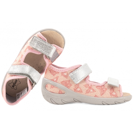 BEFADO 063P014 SANDAŁKI DZIEWCZĘCE DOMOWE TEKSTYLNE KAPCIE PAPCIE WKŁ. SKÓRA