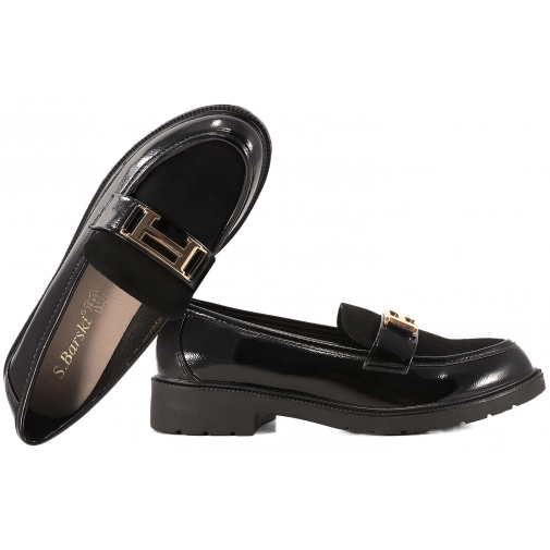 S.BARSKI HY52-454 MOKASYNY DAMSKIE PÓŁBUTY LORDSY LAKIERKI czarne