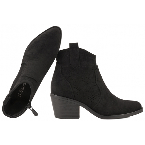 S.BARSKI HY52-537 AŻUROWE BOTKI DAMSKIE KOWBOJKI ZAMSZOWE EKO czarne