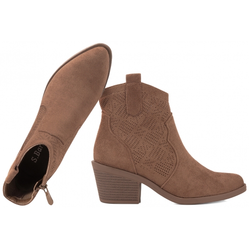 S.BARSKI HY52-537 AŻUROWE BOTKI DAMSKIE KOWBOJKI ZAMSZOWE EKO coffe