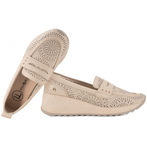 FILIPPO DP7544 AŻUROWE MOKASYNY PÓŁBUTY NA KOTURNIE SKÓRZANE beżowe