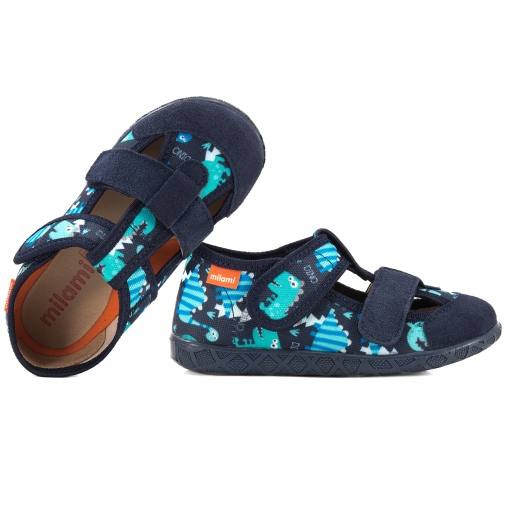 MILAMI 118C-BR-14 SANDAŁY TEKSTYLNO-SKÓRZANE DOMOWE DZIECIĘCE KAPCIE PAPCIE RZEP