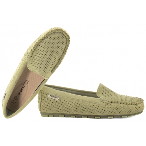 POTOCKI 26-09301 AŻUROWE MOKASYNY DAMSKIE PÓŁBUTY ZAMSZOWE zielone
