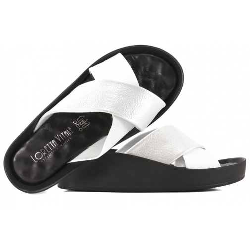 LORETTA VITALE 1103 KLAPKI DAMSKIE KOTURN NA PLATFORMIE SKÓRA biały/srebrny