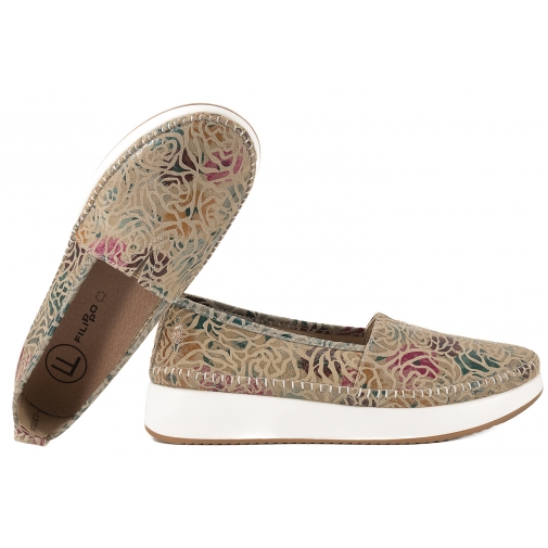 FILIPPO DP4555 MOKASYNY SKÓRZANE DAMSKIE PÓŁBUTY ZAMSZOWE NA PLATFORMIE kwiaty