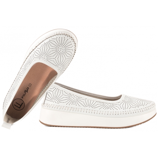 FILIPPO DP7530 AŻUROWE BALERINY SKÓRZANE DAMSKIE PÓŁBUTY NA PLATFORMIE białe