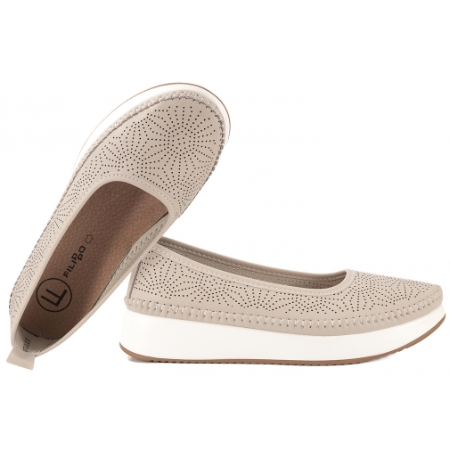 FILIPPO DP7530 AŻUROWE BALERINY SKÓRZANE DAMSKIE PÓŁBUTY NA PLATFORMIE beżowe