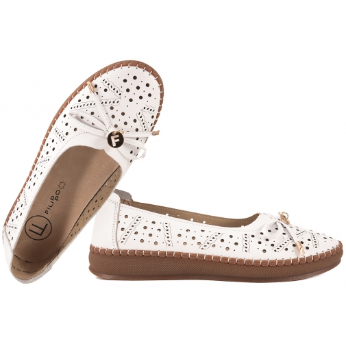 FILIPPO DP7664 AŻUROWE BALERINY SKÓRZANE DAMSKIE PÓŁBUTY NA PLATFORMIE białe