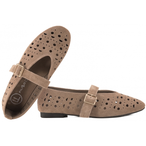 FILIPPO DP7875 BALERINY DAMSKIE SKÓRZANE AŻUROWE PÓŁBUTY ZAMSZOWE c.beż