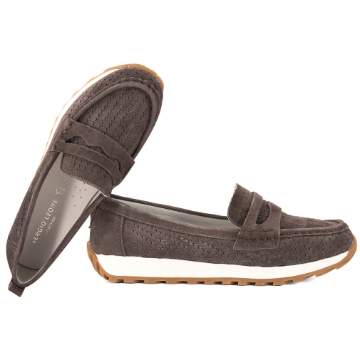 SERGIO LEONE SP-009 AŻUROWE MOKASYNY SKÓRZANE DAMSKIE PÓŁBUTY ZAMSZOWE