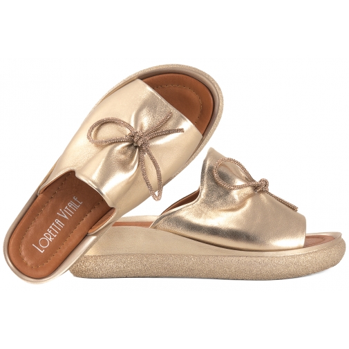 LORETTA VITALE 6111 SKÓRZANE KLAPKI DAMSKIE KOTURN NA PLATFORMIE złote
