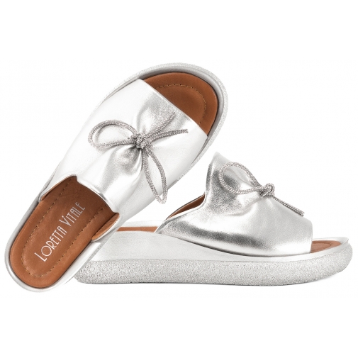 LORETTA VITALE 6111 SKÓRZANE KLAPKI DAMSKIE KOTURN NA PLATFORMIE srebrne