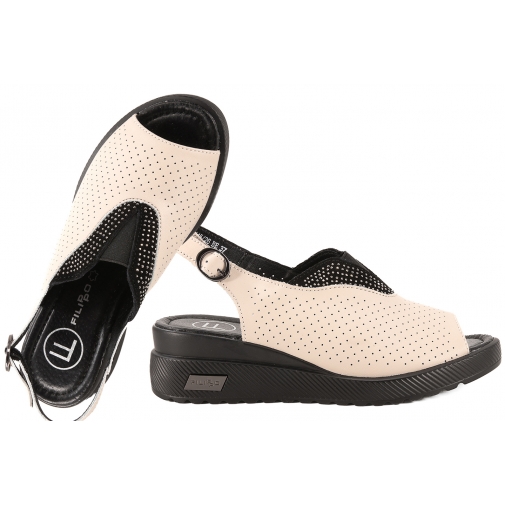 FILIPPO DS6145 AŻUROWE SKÓRZANE SANDAŁY DAMSKIE KOTURN NA PLATFORMIE beżowe