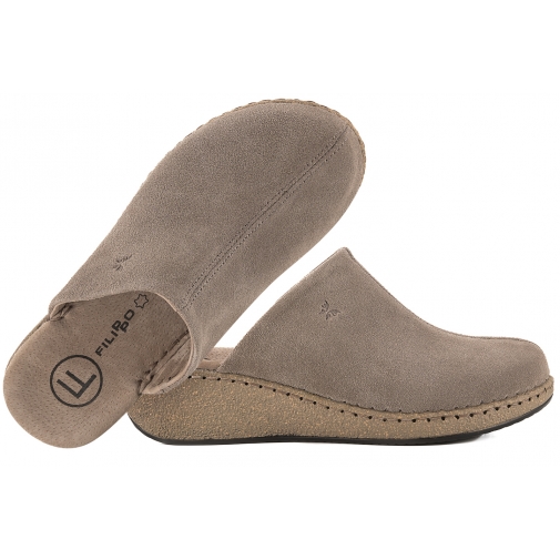 FILIPPO DK7567 SKÓRZANE KLAPKI DAMSKIE NA KOTURNIE ZAMSZOWE taupe