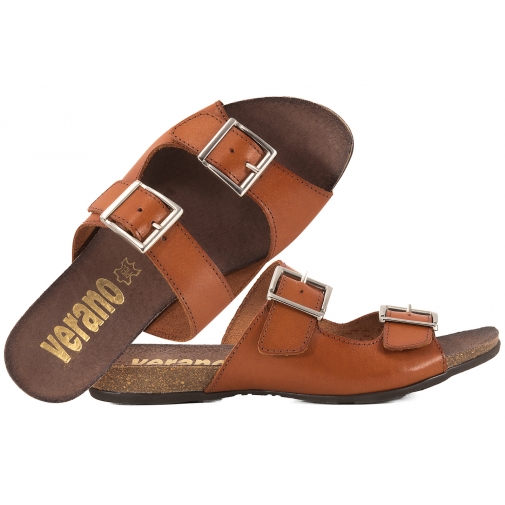 VERANO 674 KLAPKI DAMSKIE HISZPAŃSKIE SKÓRZANE NA KORKU rude