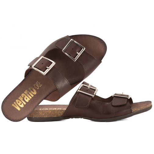 VERANO 4307 KLAPKI DAMSKIE HISZPAŃSKIE SKÓRZANE NA KORKU c.brąz