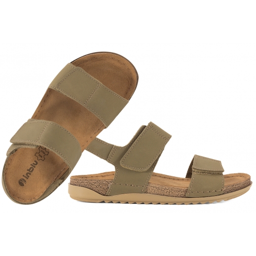 INBLU AA-1KU SKÓRZANE SANDAŁY DAMSKIE NUBUK RZEPY SOFT PU oliwkowe