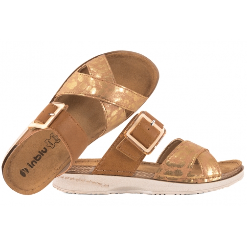 INBLU FA-06 KLAPKI DAMSKIE KOMFORT SOFT PU SKÓRZANA WKŁADKA camel/złoty